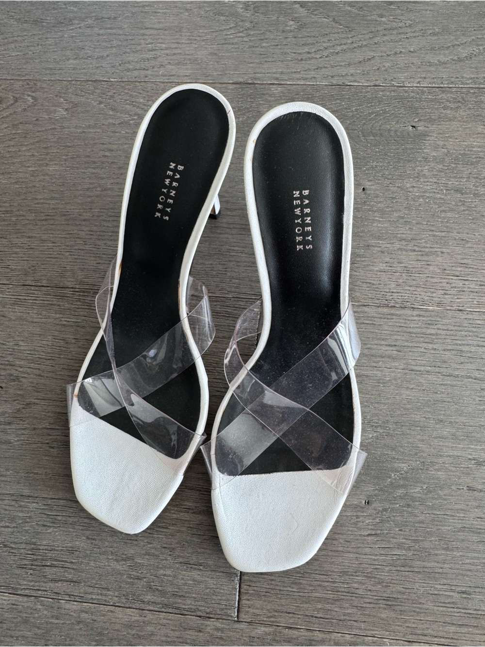 Barneys New York White Slide Mules with Clear Cross Straps